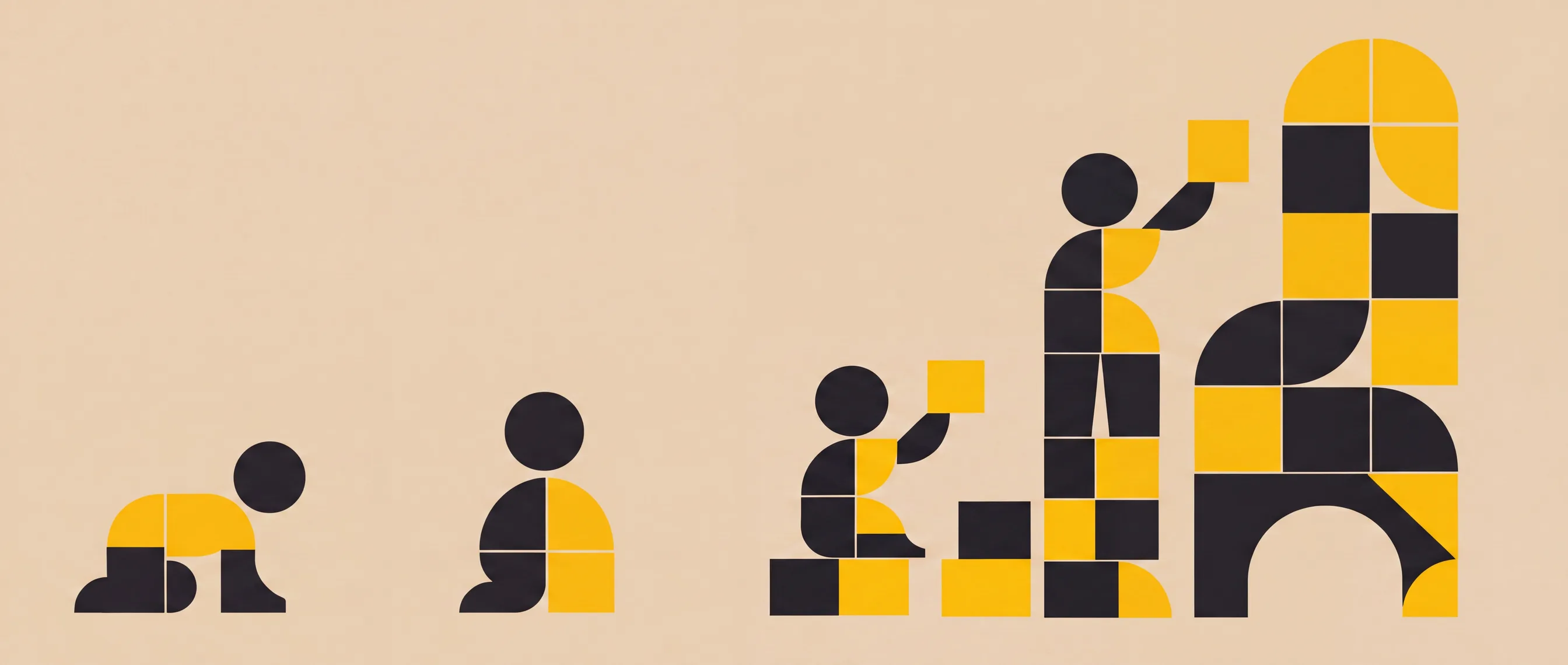 A geometric illustration of a child growing from crawling to standing while stacking building blocks into a tower, showing developmental progression.