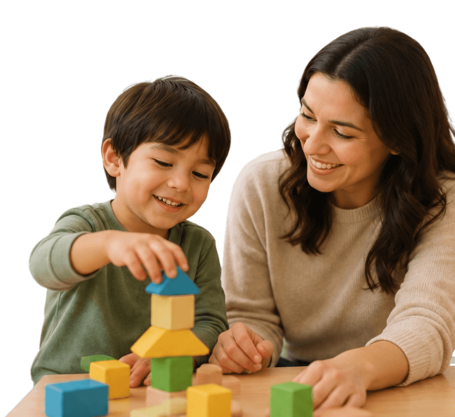 A mother smiling with her young son as he stacks colorful wooden blocks